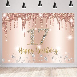 Happy 17th Birthday Decorations Backdrop Banner for Girls Happy 17 Years Old Party Sign Poster Rosegold Photography Background 17th Birthday Party Supplies, 150 cm x 90 cm