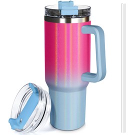 Generic 40oz Tumbler With Handle and Straw Lid Gradient Color Rainbow Paint Leak Proof Double Wall Vacuun Insulated Cup (RED&BLUE), large, CZB40-CAIHONG-RED&BLUE