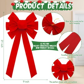 Crowye 24 Pcs Large Red Christmas Velvet Bows 21 x 9 in Giant Christmas Wreath Bows Xmas Tree Topper Ornament Bows for Indoor Outdoor Wrapping Crafts DIY Decor Garland Front Door Party Supplies