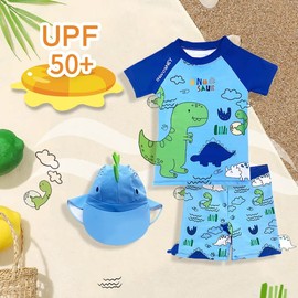 INWOSNEY Traje de baño para niños con protección UPF 50+ y traje de baño de dinosaurio con sombrero de secado rápido para niños y niñas, Azul, Large