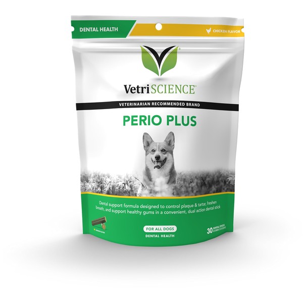 VETRISCIENCE Perio Plus for Dogs, Chicken Liver, 30 Stix - Fresh Breath, Gums and Plaque Control - Crunchy Outside, Soft Inside, Green (090019A.030)