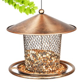Squirrel Proof Bird Feeders, Cute Lantern Bird Feeder Roof Shaped, Heavy Duty Metal Wild Bird Feeder with Hook for Garden Yard Outside Hanging Decor, 2lbs Capacity - Bronzed