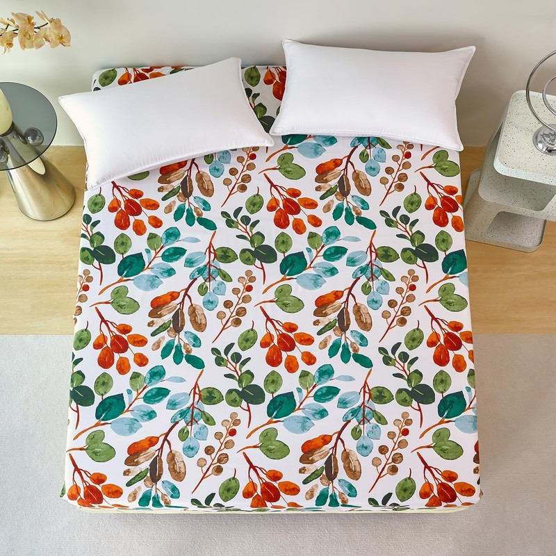 Jemiipee Double Fitted Sheet Green Tropical Leaves Pattern, 30 cm