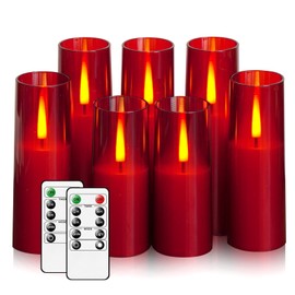Nimiko Flickering Flameless Candles 7Pcs Upgraded Realistic Dancing Flame Battery Operated Candles,LED Candles with Remote and Timers,Acrylic Electric Pillar Candles for Festivals Decor(Red)