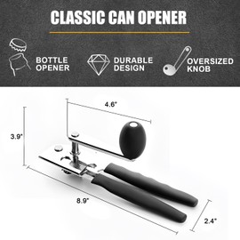 SHIKORI Commercial Can Opener, Manual Heavy Duty with Comfortable Extra-long Handles, Oversized Knob, Large Handheld Can Opener Easy for Big Cans-Black