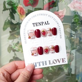 TENPAL Handmade Press on Nails Wine Red Nails Press Ons Short Square Gummy Candy 3d Strawberry Fake Nails with Glue Glossy Glitter Glue on Nails Short 10pcs/box Cute Stick on Nails for Women(XS)