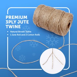 Merrimen Biodegradable Jute Christmas Wrapping Twine – 3 Rolls of Strong 3-Ply Natural Twine for Gift Wrapping, DIY Crafts, and Holiday Decorations – 500ft per Roll (Mixed)