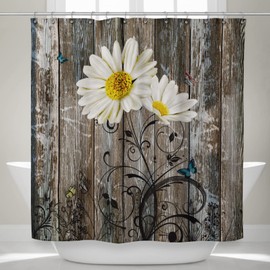 Fablus Daisy Shower Curtain for Bathroom, 72" W x 72" L Farmhouse Daisy Barnwood Shower Curtain, Rustic Floral Shower Stall Decor, Durable Fabric Shower Curtain with Hooks