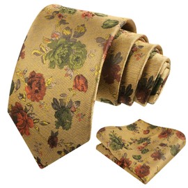 Alizeal Mens 3.15inches Flower Patterned Tie with Floral Printed Pocket Square, Gold+Green+Rust