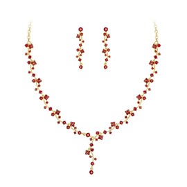 EVER FAITH Strass Schmucksets Kristall Blume Filigran Halskette und Ohrringe Set für Damen Hochzeit Prom Rot Silber-Ton