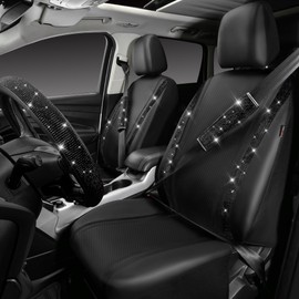 CAR PASS Leather Diamond Bling Seat Covers Full Sets 16 pcs, Bling Car Accessories Set for Women, Sparkly Rhinestone Steering Wheel Cover, Glitter Cute Car Interior Sets for Women Girl, Black Diamond