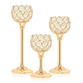 Portavelas de cristal y metal, candelabros de cuenco brillantes, portavelas altos de cristal para votivas, elegante centro de mesa de cristal para decoración de comedor y boda (juego de 3