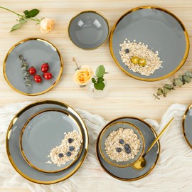 Pokini Ceramic Dinnerware Sets of 4, Porcelain Plates and Bowls Set, Highly Chip and Crack Resistant, Grey and Gold Rim Bone China Dishes Set Kitchen Decor, Dishwasher & Oven Safe