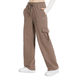 baleaf Womens Cargo Sweatpants Wide Leg Sweat Pants with Pockets Mid Rise Dance Athletic Fleece Lined Tan L