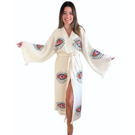 Handmade Evil Eye Kimono - Women Beach Cover Up - Festival Bohemian Robe - Boho Cotton Cardigan - Dressing Gown (Pink Eyes)