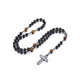 PiercingJak Catholic Rosary Cross Chain Men Women Necklace with Hematite Cross Pendant Gemstone Crystal Jewellery Christian Religious Prayer Communion Christening Gifts for Men Women, Gemstone