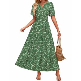 ZESICA Women's 2025 Summer Casual Floral Print Short Sleeve V Neck High Waist A Line Tiered Flowy Boho Maxi Dress,Green,Medium