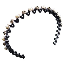 Faux Pearl and Rhinestone Headband Wavy Plastic Hairband Stretchy Beaded Hair Hoops for Women Girls Hair Styling Accessories