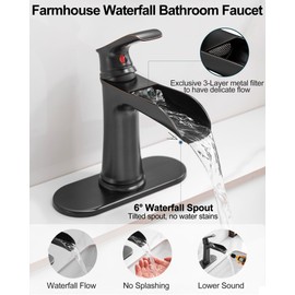 HOIGY Brass Waterfall Faucet, Oil Rubbed Bronze Bathroom Faucet, 4 Inch Bathroom Sink Faucet 1 Hole or 3 Holes, 1 Handle Bathroom Faucets with Pop Up Drain Deck Plate Supply Hose for Antique Farmhouse