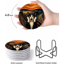Cat Lover Gift Coasters Set of 6 with Holder - Ceramic Table Drink Coasters for Office, Desk, Bar (Funny Cute Costers)