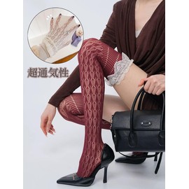 Roiyezo Lace, Women's Thigh High Socks, Stockings, Lolita, Over the Knee Socks, High Socks, Knee High Socks, Socks, Women's Lolita, Anti-Slip, Breathable, red, Free size