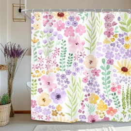 Riyidecor Riyidecor Cute Floral Colorful Shower Curtain for Bathroom Decor 72Wx78H Extra Long Boho Spring Wildflower Watercolor Funky Trendy Plant Art Printed Fabric Polyester Waterproof 12 Pack Plastic Hooks