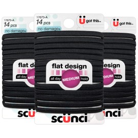 Scunci No-Damage Comfortable Black Hair Ties, Flat Design All-Day Hold, 14-Pieces per Pack (3-Packs)