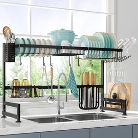 MAJALiS Over Sink Dish Drainer Drying Rack, 2 Tier Stainless Steel Dish Drying Rack Over Sink Length Adjustable (33.5-40 in), Large Capacity Over The Sink Drying Rack, Space Saver Dish Rack, Black