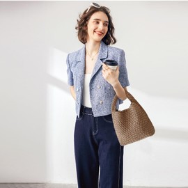 OUYGZOU Fashion Tote Satchel Ladies Woven Hobo Handbags Adjustable Shoulder Bucket Bag Top-handle with Purse for Women (Apricot)