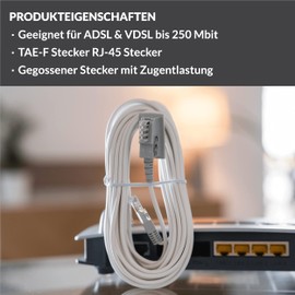 COXBOX 3 m DSL cable, Fritzbox, Speedport, Easybox, TAE cable, RJ45, white, VDSL ADSL WLAN router cable with galvanic signature for effective protection against interference