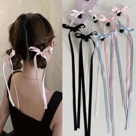 4pcs Hair Clips for Women Tassel Ribbon Bowknot Hair Clips with Long Tail Ballet Style Women Hair Clip for Girl Solid Hair Clips Long Hair Accessories Barrettes Claw Hair Clips with Bow (Black & Blue)