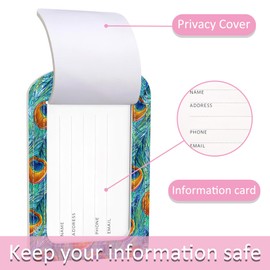 iapodiad 2 Pack Green Peacock Feather Luggage Tag for Suitcase,Peacock Feathers PU Leather Suitcase Tags Identifiers with Privacy Name Address Labels and Steel Loop for Women Men Travel