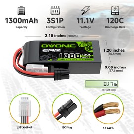 OVONIC 3S 11.1V 1300mAh 120C Lipo Battery with IEC Plug 2Pcs in 1 Package