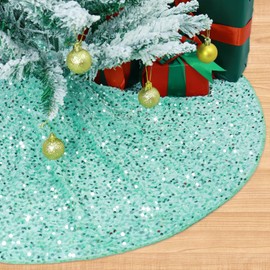 FCSJOST Light Green Christmas Tree Skirt 48 Inch Large Xmas Tree Skirts Embroidered Sequin Tree Skirt Round Velvet Christmas Tree Base Mats Rustic Christmas Tree Ornament for Home Party Decoration