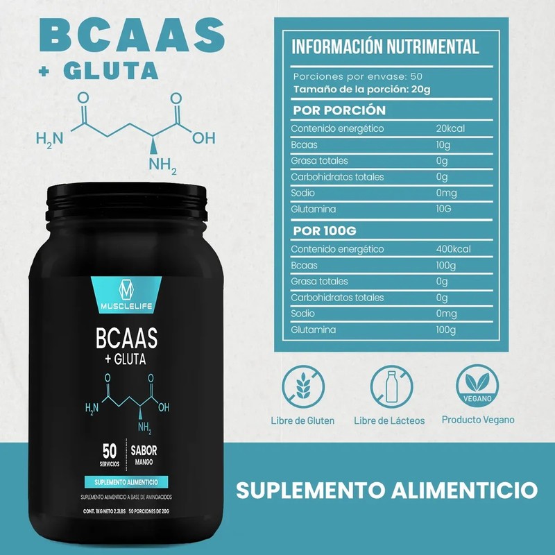 Bcaas Glutamina Suplemento En Polvo Muscle Life 1kg 50serv