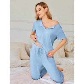 Ekouaer Pajama Sets for Women 2 Piece Short Sleeve Loungewear Button Down Pj Set Soft Sleepwear with Pockets Light Blue S