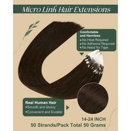Ugeat Dark Brown Micro Link Hair Extensions for Thicker Dark Brown Micro Loop Real Human Hair Extensions Hidden Micro Bead for Women to Add Length and Volume 22 Inch 50S 50G