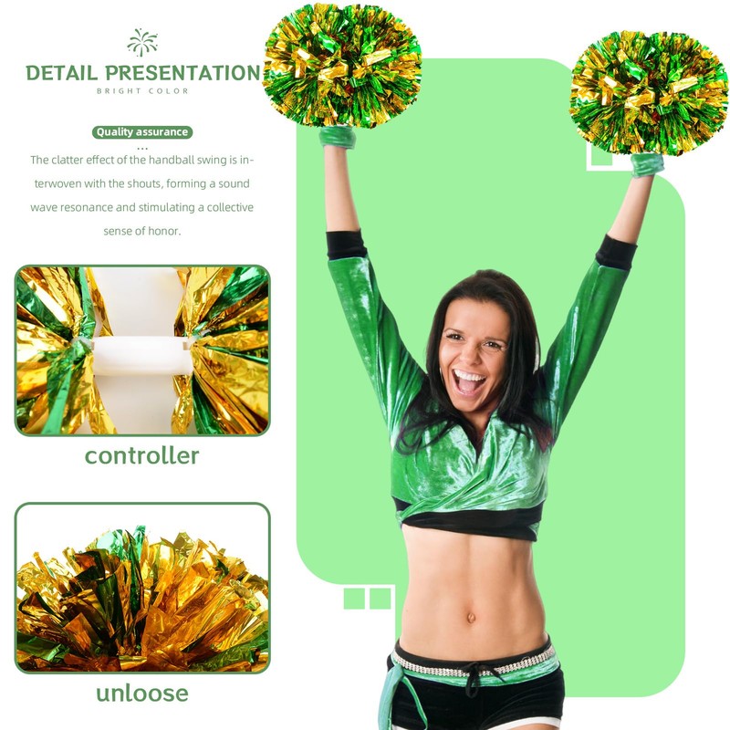 2 Pack Cheerleading Pom Poms with Sticks Green Gold 14