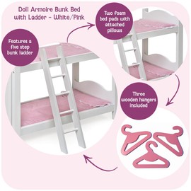Badger Basket Doll Bunk Bed with Armoire for 18 to 22-Inch Dolls – Includes Bedding, Ladder, and Storage – Perfect for Imaginative Play