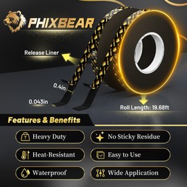 PHIXBEAR Pro+ Heat Resistant Heavy Duty Foam Tape, Super Strong Double Sided Mounting Tape for Indoor, Outdoor, Automotive, LED Strip, Weatherproof Removable No Residue 0.4" x 19.7 FT