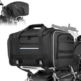 Marscamd Waterproof Motorcycle Tail Luggage Bag, 48L-64L Expandable, a Rain Cover Included, Bag with 4 Rack Mount Straps and Multiple Pockets - Black