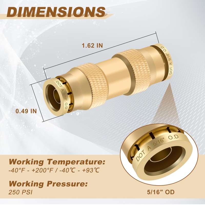 Boeray 5/16" Quick Push to Connect Fittings Brass Union Straight