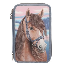 Depesche 13415 Miss Melody Filled 3-Compartment Pencil Case in Blue, with 3D Effect and Horse Motif, Pencil Case with Colouring Pencils, Scissors, Ruler and More, blue, Miss Melody