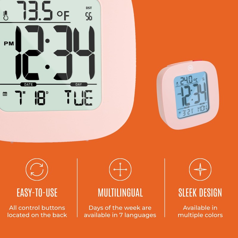 MARATHON Compact Alarm Clock with Temperature & Date, Pink -