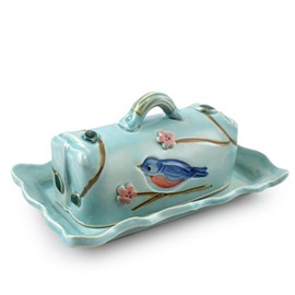 Garden Birds American Made Stoneware Collection: Bluebird Sculpted Butter Dish