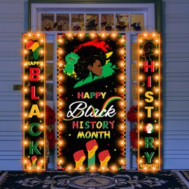 Black History Month Door Decorations Set, Includes Black History Door Cover & History Month Porch Banner with Light, African American Festival Party Outdoor Indoor Wall Decor for Home Classroom Office