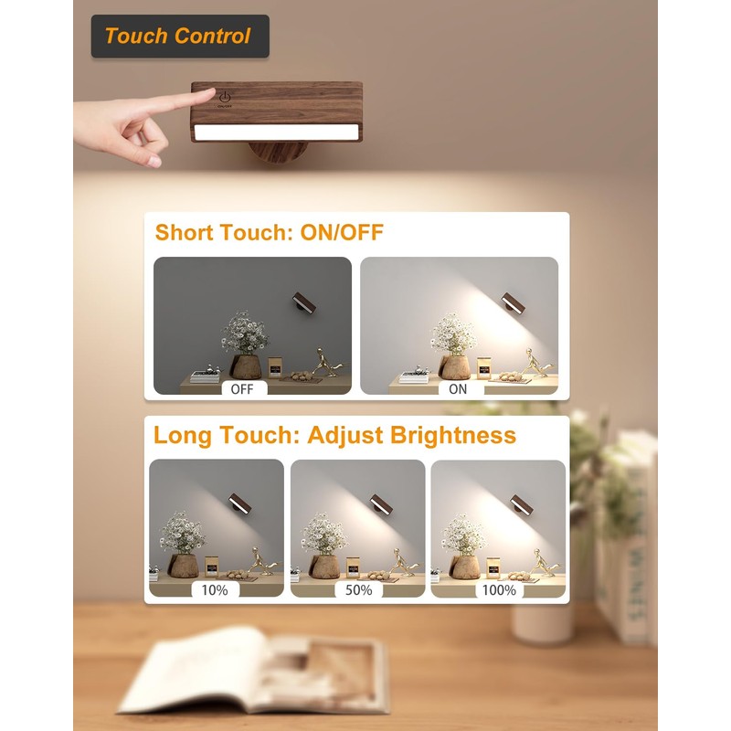 DetarZinLED Battery Operated Wall Sconces Set of 2,Rechargeable Wall Lights