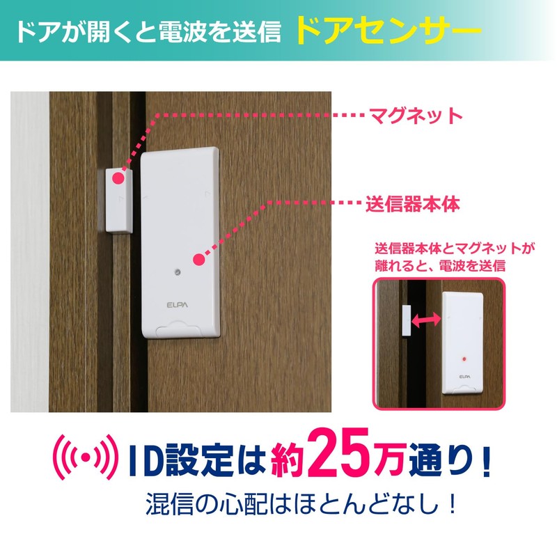 ELPA EWS-S5034 Wireless Chime Door Opening Sensor Set, Nursing, Offices,