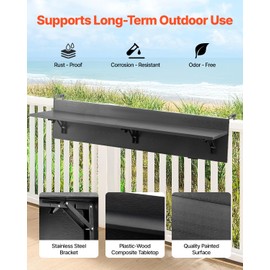 VEVOR Balcony Hanging Table, 48 x 12 inch Folding Balcony Railing Table, Outdoor Balcony Bar Table for Railings, 50 lbs Loading, Fit Railing from 1" to 5.9", Serving Table for Patio & Deck