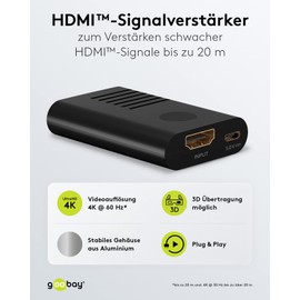 goobay 58492 HDMI Signal Amplifier / Repeater 4K @ 60Hz - for Extending an HDMI Connection up to 30 m / Flat Robust Housing Made of Aluminium / Black